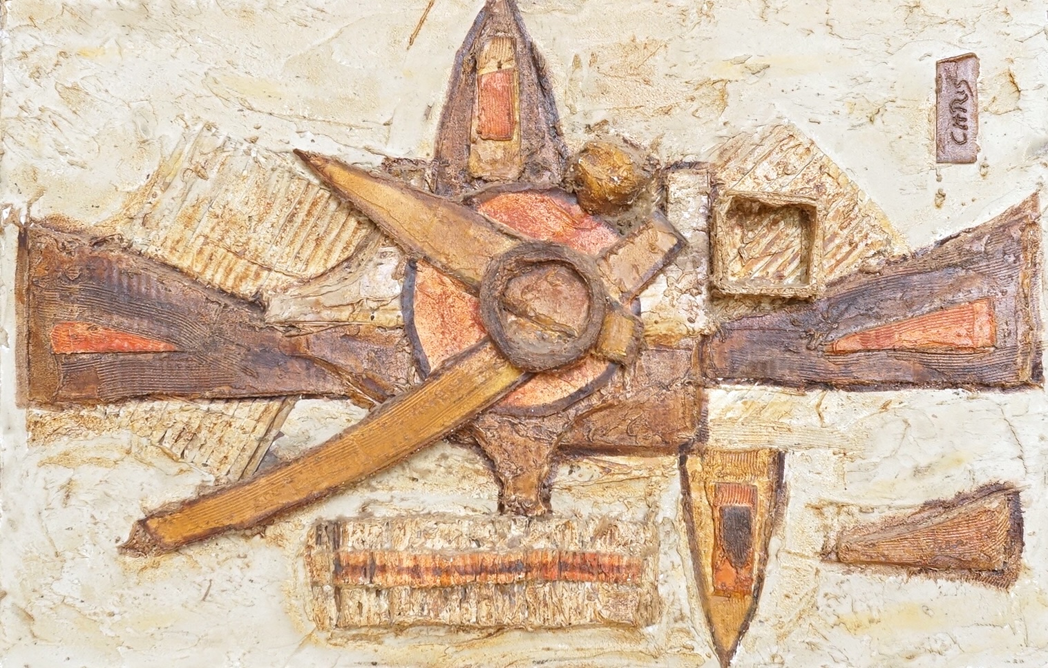 Mid century relief abstract panel with painted decoration, 46 x 73cm